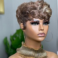 Qiaqiaring Pixie Cut Wig Human Hair Wigs For Women Short Wig For Black Woman 4613 Blonde Color Short Layered Culry Wavy Pixie W