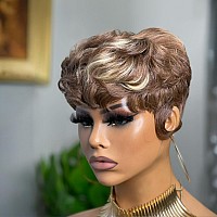 Qiaqiaring Pixie Cut Wig Human Hair Wigs For Women Short Wig For Black Woman 4613 Blonde Color Short Layered Culry Wavy Pixie W