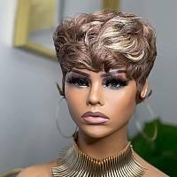 Qiaqiaring Pixie Cut Wig Human Hair Wigs For Women Short Wig For Black Woman 4613 Blonde Color Short Layered Culry Wavy Pixie W