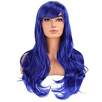 Beron Blue Wigs Long Curly Wavy Women Wigs With Bangs Dark Color Wave Heat Resistant Synthetic Wigs For Cosplay Daily Wigs Wig C