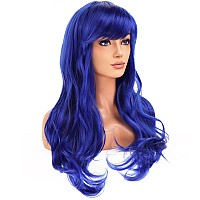 Beron Blue Wigs Long Curly Wavy Women Wigs With Bangs Dark Color Wave Heat Resistant Synthetic Wigs For Cosplay Daily Wigs Wig C