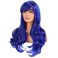 Beron Blue Wigs Long Curly Wavy Women Wigs With Bangs Dark Color Wave Heat Resistant Synthetic Wigs For Cosplay Daily Wigs Wig C