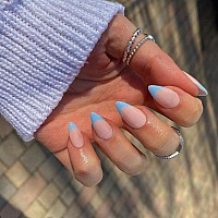 Sky Blue French Tip Press On Nails Short Almond Nails Press Ons French Tip Glue On Nails For Women Diy Acrylic French Nails Shor