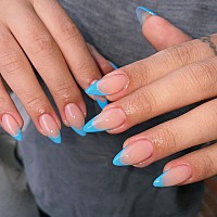 Sky Blue French Tip Press On Nails Short Almond Nails Press Ons French Tip Glue On Nails For Women Diy Acrylic French Nails Shor