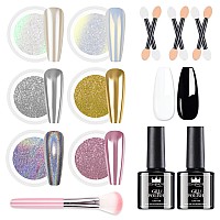 Bishengyf Chrome Nail Powder Kit Black White Colors Gel Polish Mirror Metallic Effect Holographic Aurora Iridescent Pearlescen