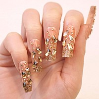 Imsohot Long Square Press On Nails With Luxury Rhinestones Designs Golden Glitter Powder Fake Nails Glossy Full Cover Acrylic Ge