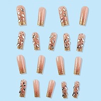 Imsohot Long Square Press On Nails With Luxury Rhinestones Designs Golden Glitter Powder Fake Nails Glossy Full Cover Acrylic Ge