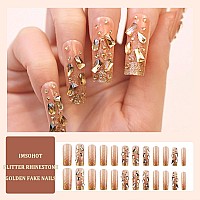 Imsohot Long Square Press On Nails With Luxury Rhinestones Designs Golden Glitter Powder Fake Nails Glossy Full Cover Acrylic Ge