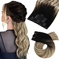 Moresoo Clip In Hair Extensions Human Hair Balayage Natural Black To Medium Brown With Golden Blonde Remy Clip In Human Hair Ext