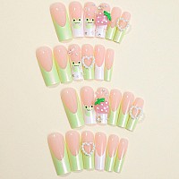 Imsohot Press On Nails Square Long Fake Nails Green French Tip False Nails With 3D Strawberry Heart Pearl Designs Full Cover Sti