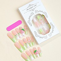 Imsohot Press On Nails Square Long Fake Nails Green French Tip False Nails With 3D Strawberry Heart Pearl Designs Full Cover Sti