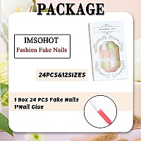 Imsohot Press On Nails Square Long Fake Nails Green French Tip False Nails With 3D Strawberry Heart Pearl Designs Full Cover Sti