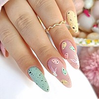 Mervf Almond Press On Nails Medium Fake Nails Colorful Stiletto Stick On Nails Cute Rabbit Acrylic Nails Press Ons Matte 24Pcs E