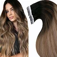 Laavoo Invisible Tape In Hair Extensions Human Hair 22 Inch Ombre Hair Extensions Tape In Dark Brown To Medium Brown With Light