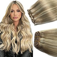 Sew In Hair Extensions Real Human Hair 24 Inch 120G Hand Tied Weft Hair Extensions Human Hair Weave Bundles Ash Blonde Balayag