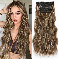 Alxnan Clip In Hair Extensionlong Wavy Brown Mixed Light Blonde Hair Extension 4Pcs Thick Hairpieces Fiber Double Weft Hair For