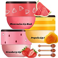 3 Pcs Bee Lip Balm Honey Pot Honey Strawberry Watermelon Lip Mask Overnight Propolis Moisturizing Lip Balm Hydrating Preven