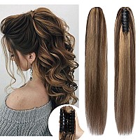 Rich Choices Claw Clip Ponytail Extension Human Hair 20 Inch Real Hair Ponytail Balayage 4P27 Medium Brown Highlighted Dark Blo