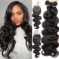 Releek 10A Brazilian Body Wave Bundles With Closure Human Hair 16 16 1614 Inch 100 Unprocessed Weave 3 Bundles Human Hair Wi