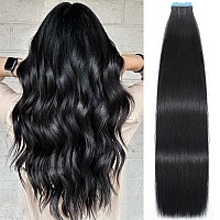 Peispei Tape In Hair Extensions Human Hair Jet Black 1 40G 14 Inch Human Hair Extensions Tape In Remy Straight Hair Extensions