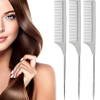 Leinuosen 3 Packs Rat Tail Comb Steel Pin Rat Tail Carbon Fiber Heat Resistant Teasing Combs With Stainless Steel Pintail Gray