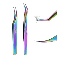 Emeda 2Pcs Eyelash Tweezers Straight And Curved Volume Tweezers Eyelash Extensions Fiber Tip Tweezers For Lash Extensions Sta