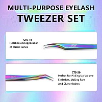 Emeda 2Pcs Eyelash Tweezers Straight And Curved Volume Tweezers Eyelash Extensions Fiber Tip Tweezers For Lash Extensions Sta