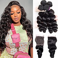 Luduna Human Hair Loose Wave Bundles With Closure Brazilian Loose Wave 3 Bundles With 4X4 Lace Closure 100 Unprocessed Virgin H