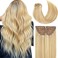 Lacer Full Head 20 Inch Human Hair Clip In Hair Extensions Light Golden Brown Mixed Platinum Blond Soft Lace Double Weft Real Hu