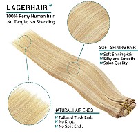 Lacer Full Head 20 Inch Human Hair Clip In Hair Extensions Light Golden Brown Mixed Platinum Blond Soft Lace Double Weft Real Hu