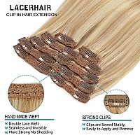 Lacer Full Head 20 Inch Human Hair Clip In Hair Extensions Light Golden Brown Mixed Platinum Blond Soft Lace Double Weft Real Hu