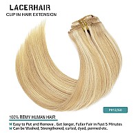 Lacer Full Head 20 Inch Human Hair Clip In Hair Extensions Light Golden Brown Mixed Platinum Blond Soft Lace Double Weft Real Hu