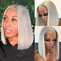 Grey Human Hair Wig Glueless 12 Inch Grey Bob Wig Human Hair Lace Front Wigs Hd Transparent 13X4 Silver Gray Lace Front Bob Blun