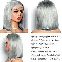 Grey Bob Wig Human Hair Lace Front Wigs 13X4 Hd Lace Front Wigs Human Hair Pre Plucked Glueless Lace Bob Wigs 8 Inch 180 Densit