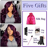 Qnqz Dark Burgundy Lace Front Wigs Human Hair 180 Density Deep Purple Body Wave Wigs For Women 13X4 Burgundy Hd Lace Front Wigs