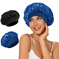 Leaduway 2Pcs Satin Bonnets Silk Bonnet For Sleeping Hair Bonnet For Curly Hairblackblue