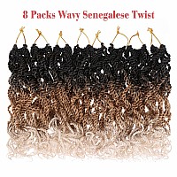 Leeven Crochet Hair 8 Inch Senegalese Twist 2 Packs Ombre Brown Pre Looped Short Crochet Braids Wavy Small Hanava Twist With Cur