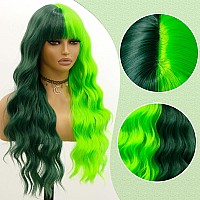 Evlynn Green Body Wavy Wigs With Air Bangs Half And Half Green Wig Cap For Women Long Curly Heat Resistant Synthetic Green Wig F