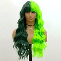 Evlynn Green Body Wavy Wigs With Air Bangs Half And Half Green Wig Cap For Women Long Curly Heat Resistant Synthetic Green Wig F