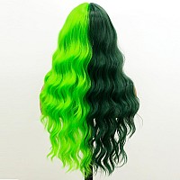 Evlynn Green Body Wavy Wigs With Air Bangs Half And Half Green Wig Cap For Women Long Curly Heat Resistant Synthetic Green Wig F