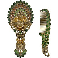 Nerien Vintage Mirror Comb Set Antique Peacock Handheld Vanity Mirror With Comb Metal Decorative Tabletop Stand Cosmetic Mirro