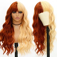 Evlynn Blonde And Brown Wigs With Body Wavy Air Bangs Half Brown And Half Gold Wig Cap For Women Long Curly Heat Resistant Synth