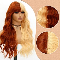 Evlynn Blonde And Brown Wigs With Body Wavy Air Bangs Half Brown And Half Gold Wig Cap For Women Long Curly Heat Resistant Synth