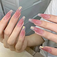 Babalal French Tip Press On Nails Long Coffin Fake Nails Pink Ombre Gold Chrome Glue Ons Nails 24Pcs Glossy Manicure Art Acrylic