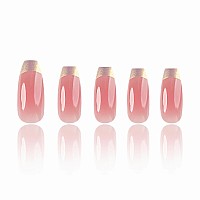 Babalal French Tip Press On Nails Long Coffin Fake Nails Pink Ombre Gold Chrome Glue Ons Nails 24Pcs Glossy Manicure Art Acrylic