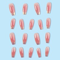 Babalal French Tip Press On Nails Long Coffin Fake Nails Pink Ombre Gold Chrome Glue Ons Nails 24Pcs Glossy Manicure Art Acrylic