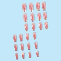 Babalal French Tip Press On Nails Long Coffin Fake Nails Pink Ombre Gold Chrome Glue Ons Nails 24Pcs Glossy Manicure Art Acrylic