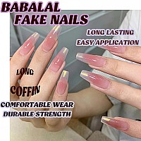 Babalal French Tip Press On Nails Long Coffin Fake Nails Pink Ombre Gold Chrome Glue Ons Nails 24Pcs Glossy Manicure Art Acrylic