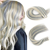 Sassina Semipermanent Tape In Human Hair Extensions Silver To Platinum Ash Blonde Invisible Skin Weft Thick Tape In Hair Extens