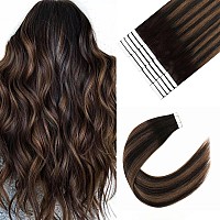 Sixstarhair Tape In Hair Extensions Human Hair Ombre Dark Brown With Medium Brown Balayage Highlights Color Silky Straight Tape